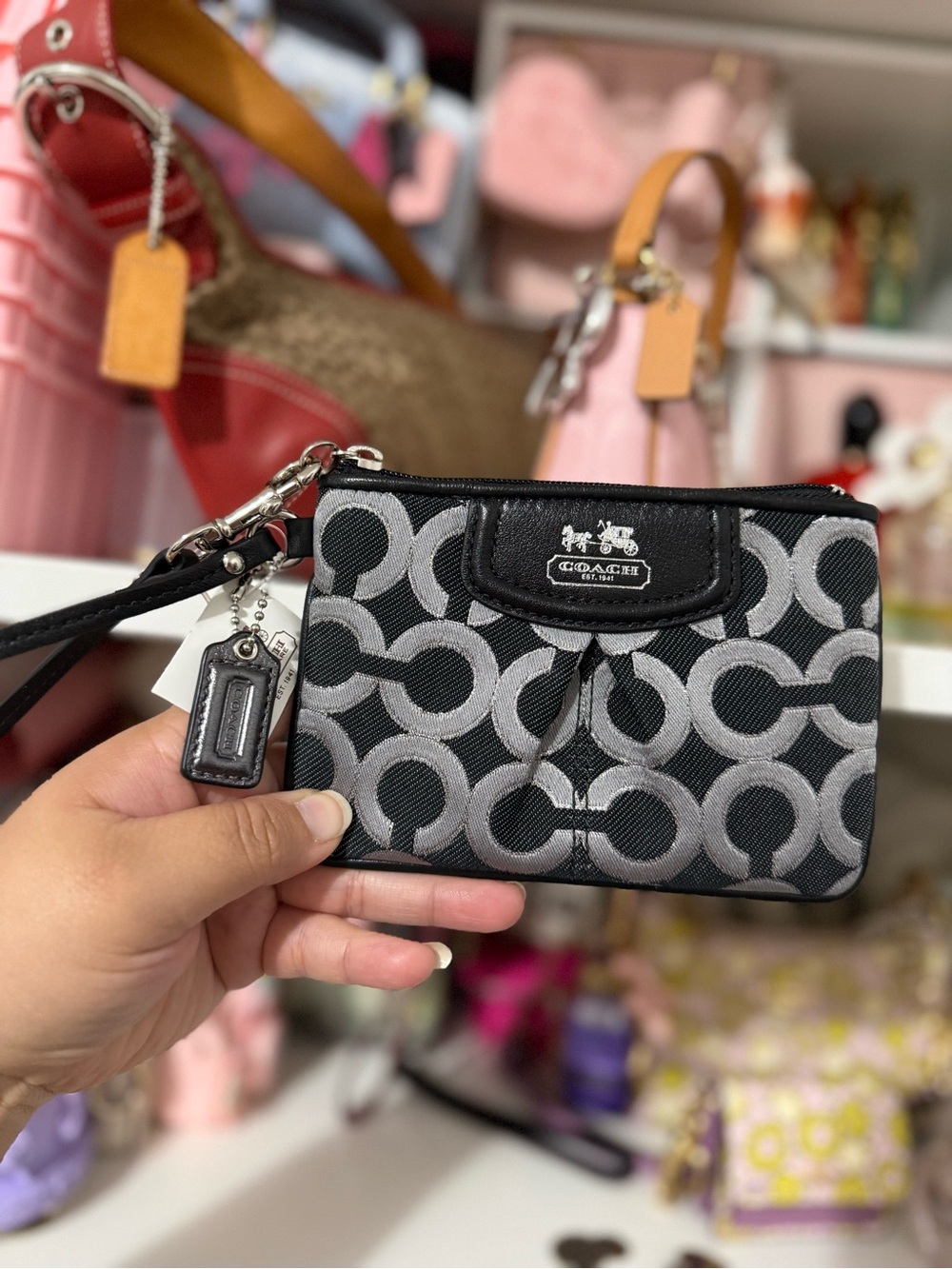 Coach Black and Gray Signature Card & Key Pouch Wristlet